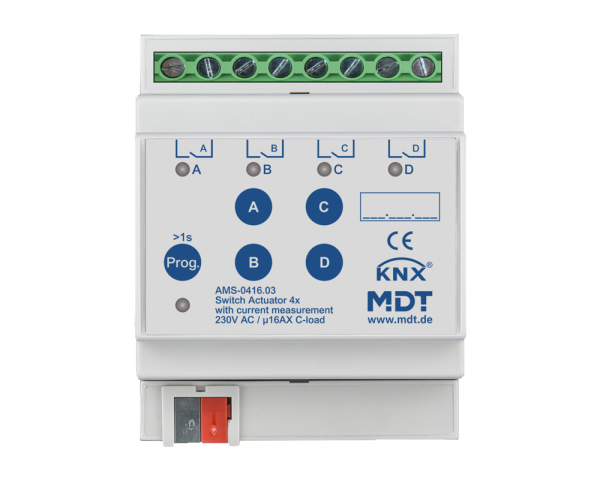 MDT AMS-0416.03 Schaltaktor 4-fach, 4TE, REG, 16 A, 230 V AC, C-Last mit Strommessung, 140 µF