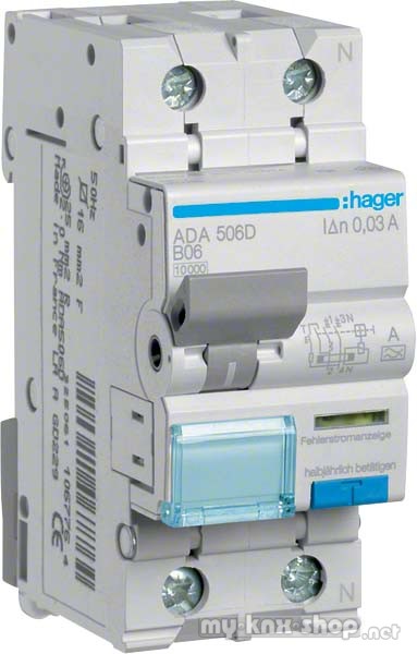 Hager FI/LS-Schalter 1P+N 10kA B-6A 30mA ADA506D