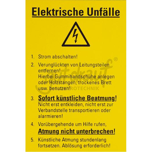 PVC-Schild, gelb, 300x200mm, `Elektrische Unfälle`