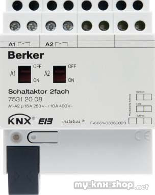 Berker 75312008 Schaltaktor 2fach 16 A Schließer, Hand, Status, REG KNX lichtgrau