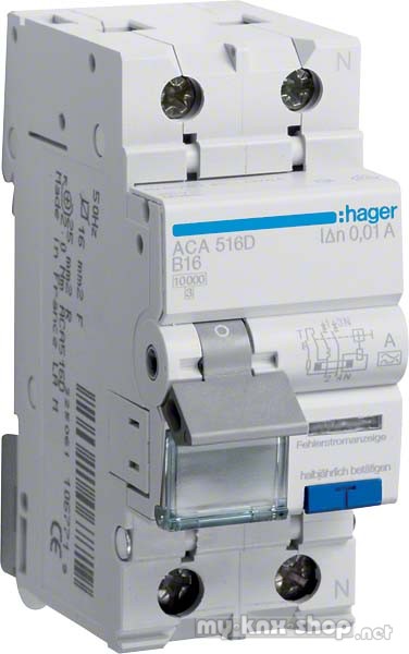 Hager FI/LS-Schalter 1P+N 10kA B-16A 10mA ACA516D