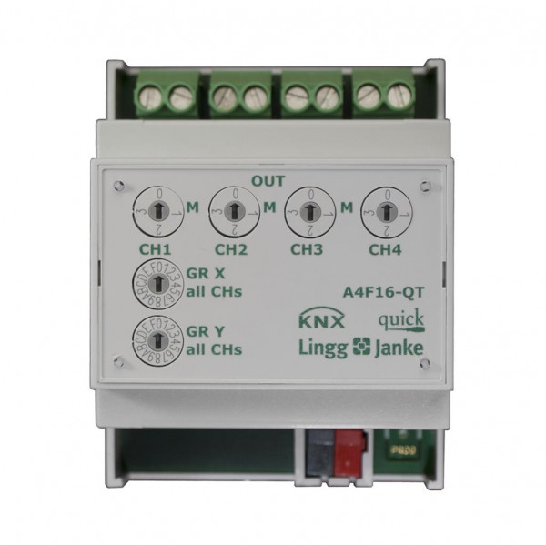 Lingg&Janke Q79233 KNX quick Schaltaktor 4-fach mit Treppenlichtfunktion, 4 TE Schaltleistung 16A 25