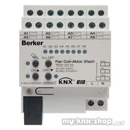 Berker 75312012 Fan Coil-Aktor 2fach 10 A Schließer, Hand, Status, REG KNX lichtgrau