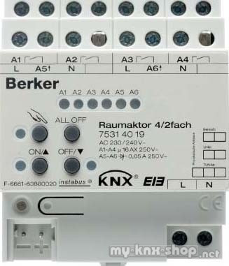 Berker 75314019 Raumaktor 4/2fach 16 A Schließer, Hand, Status, REG KNX lichtgrau
