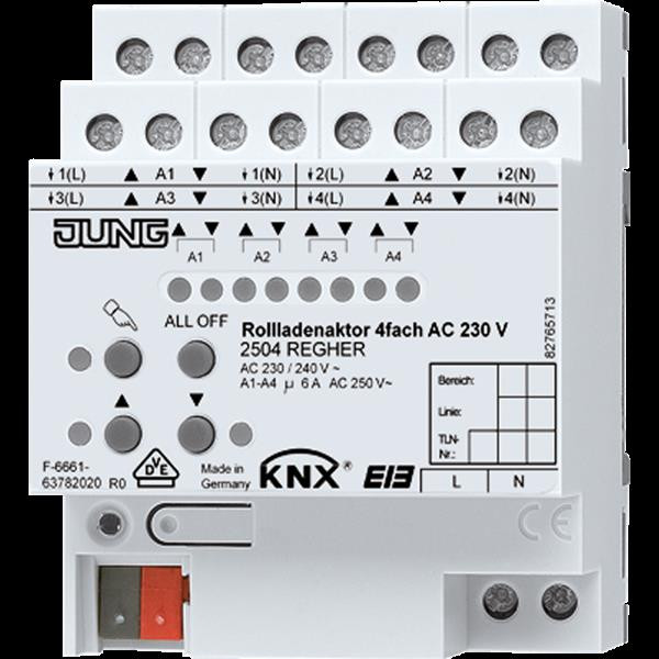 Jung 2504REGHER KNX Rollladenaktor, 4fach, REG, elektronische Handbedienung, LED-Statusanzeige, AC 2